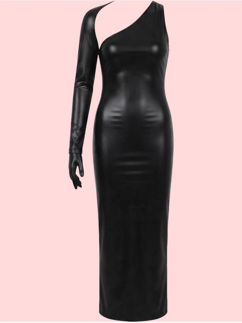 ✨ SHEIN Black Faux Leather One-Shoulder Gloved Maxi Dress ✨ Sz M Vamp Goth Glam